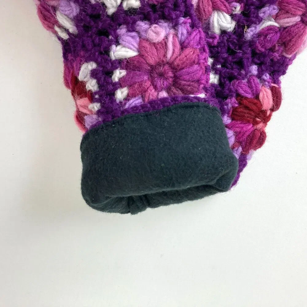 Woolkan Hand Knitted Open Finger Gloves Size S-M Purple Soft Lining
